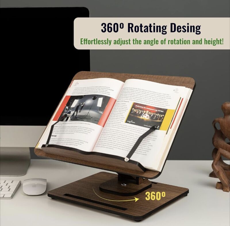 Book Stand Reading 360° Adjustable Wooden Laptop Stand Cookbooks Holder Music