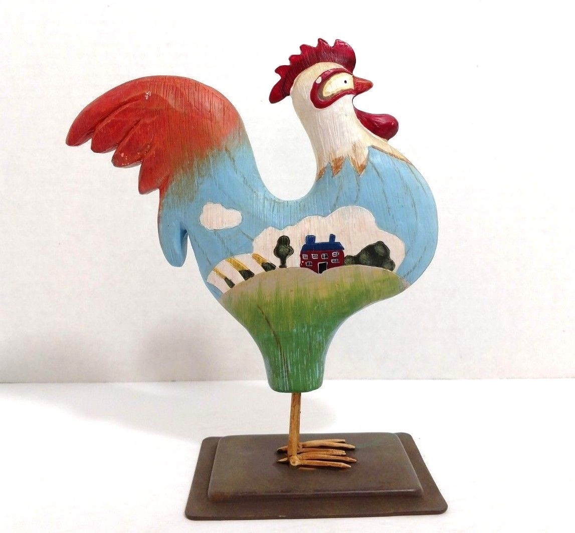 Russ Berrie Rooster Chicken Figurine Metal Base Hand Painted Farmhouse design