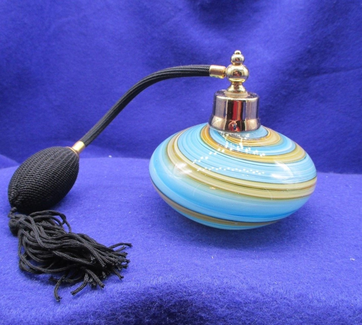 Vintage Art Deco Perfume Bottle Atomizer & Tassel Turquoise Swirl BEAUTY