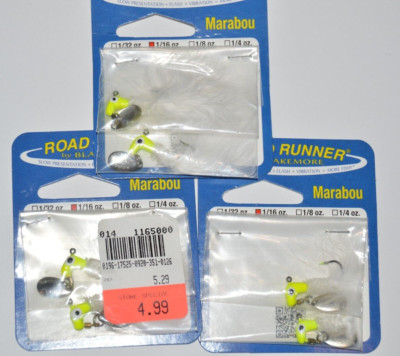 3 packs blakemore road runner 2 per 1/16oz chartreuse white marabou crappie jig