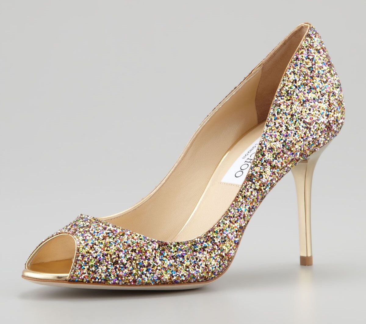 JIMMY CHOO ゴールド グリッターハイヒール JIMMY CHOO Evelyn Pumps Multicolor Glitter Peep Toe 38 8