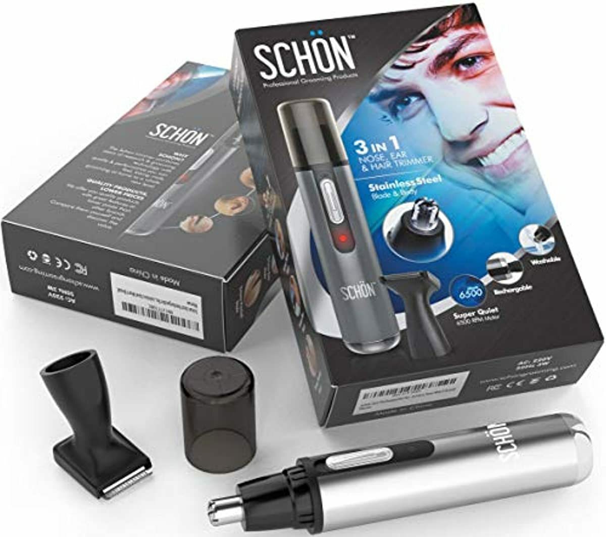 SCHON Stainless Steel 3-in-1 Nose, Eyebrow & Facial Hair Trimmer, Rechargeable W