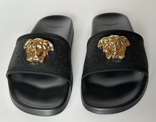 Pre-owned Versace Gold Medusa Head Slides Sandals Black 11 Us (41 Eu) Dsr262cn It $450