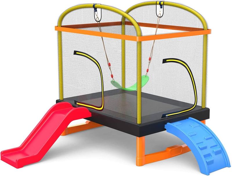 6.5 Ft 4-In-1 Rectangle Trampoline for Kids, with Climb, Slide, Swing, Multi-Fun