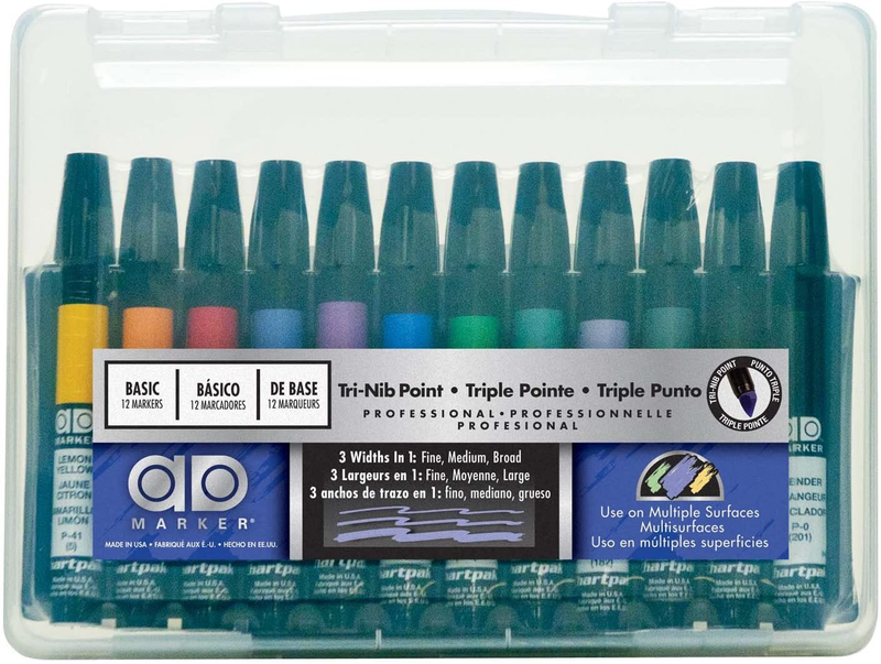The Original Chartpak AD Markers, Tri-Nib, 12 Assorted Basic