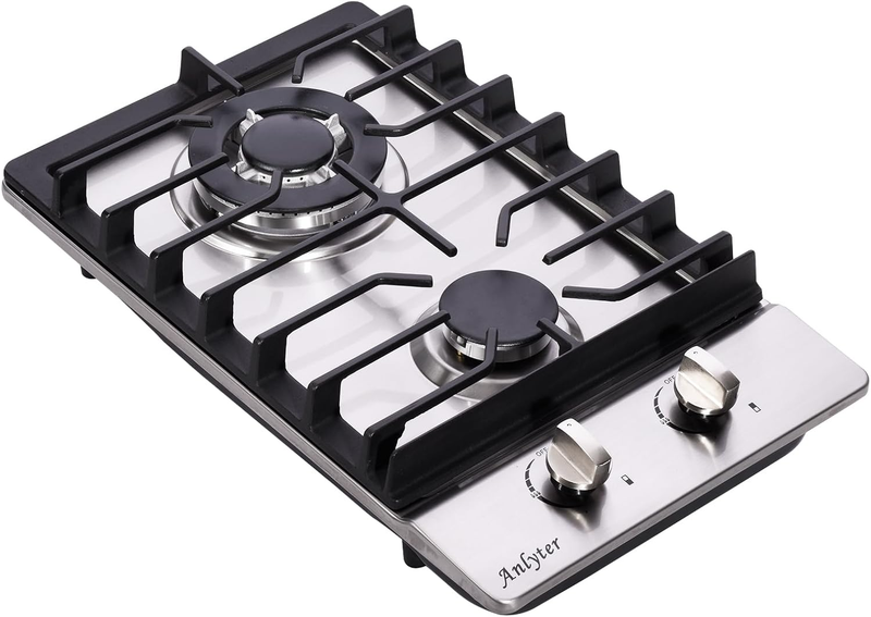 12 Inch Gas Cooktop, 2 Burners Built-In Gas Stovetop Stainless Steel Gas Stove Top Propane/Natural Gas Convertible Sealed Gas Cooktop for Rvs, Apartments, Outdoor