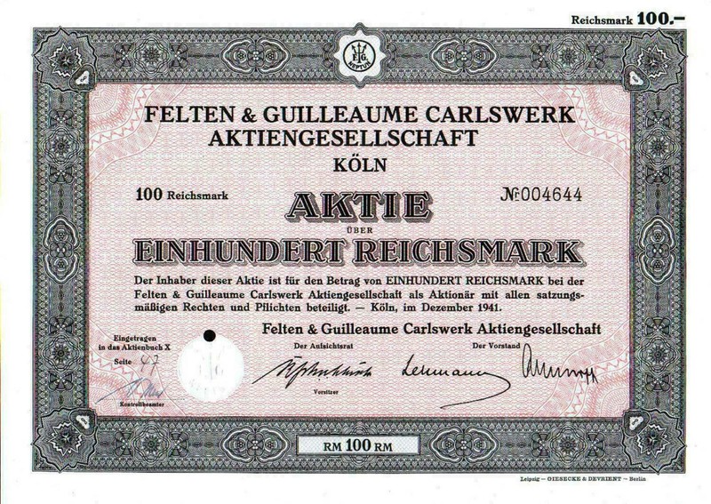 Felten & Guilleaume Carlswerke Aktiengesellschaft 1941  100 Rm