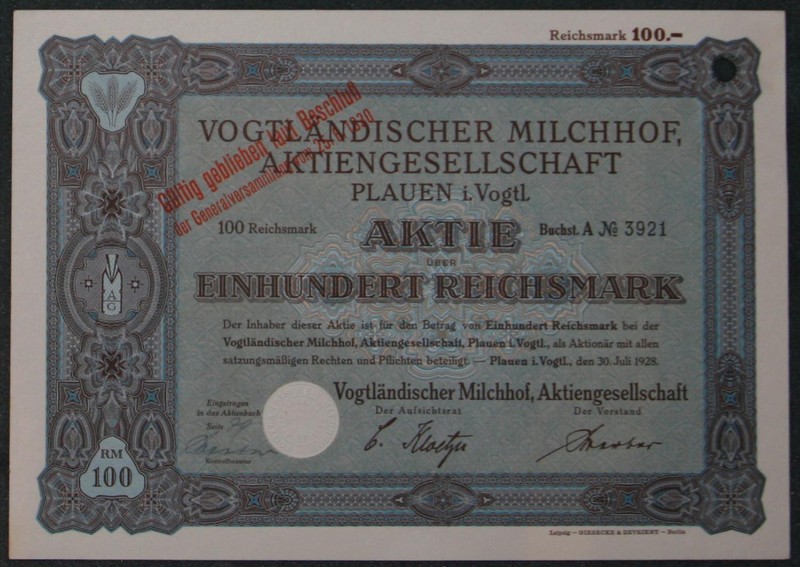 VogtläNdischer Milchhof, Aktiengesellschaft 1928 100 Rm