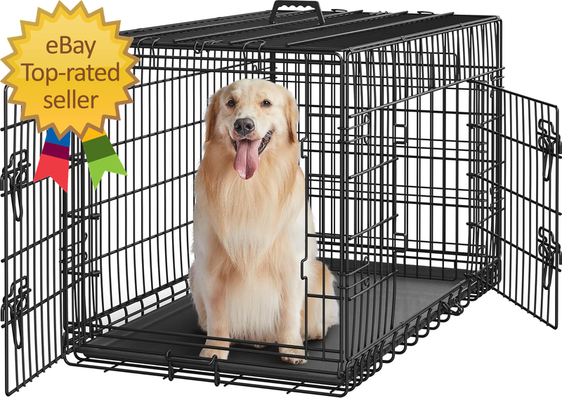 42 Inch Double Door Dog Crate W/Divider for Puppy to Adult XL Collapsible Metal Crate with Removable Tray Wire Dog Kennel for Large Dogs Portable Travel Cage, Black