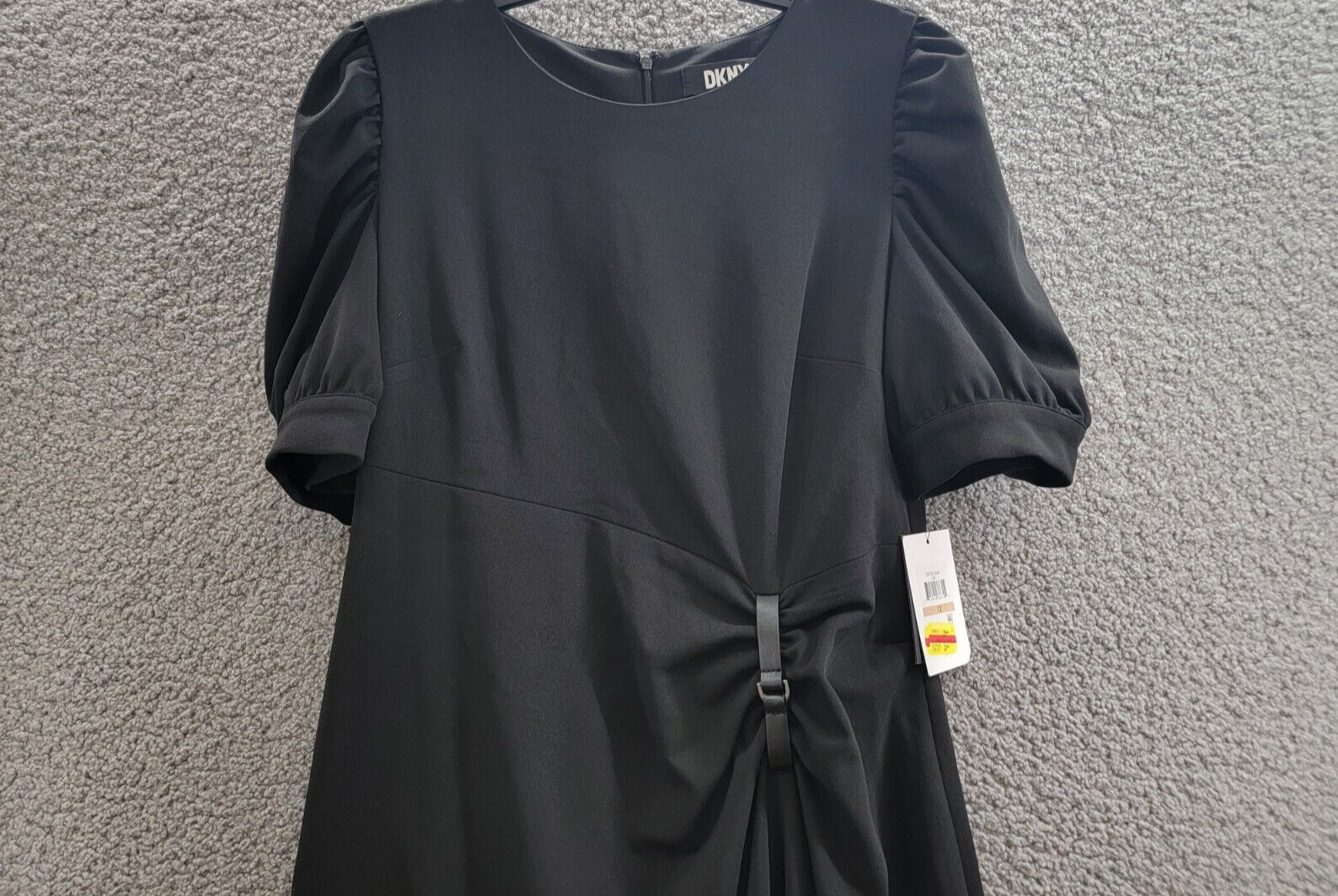 DKNY Puff-Sleeve Ruched Dress Women's 12 Black Round Neck Back Zip Closure S/S - Picture 3 of 20