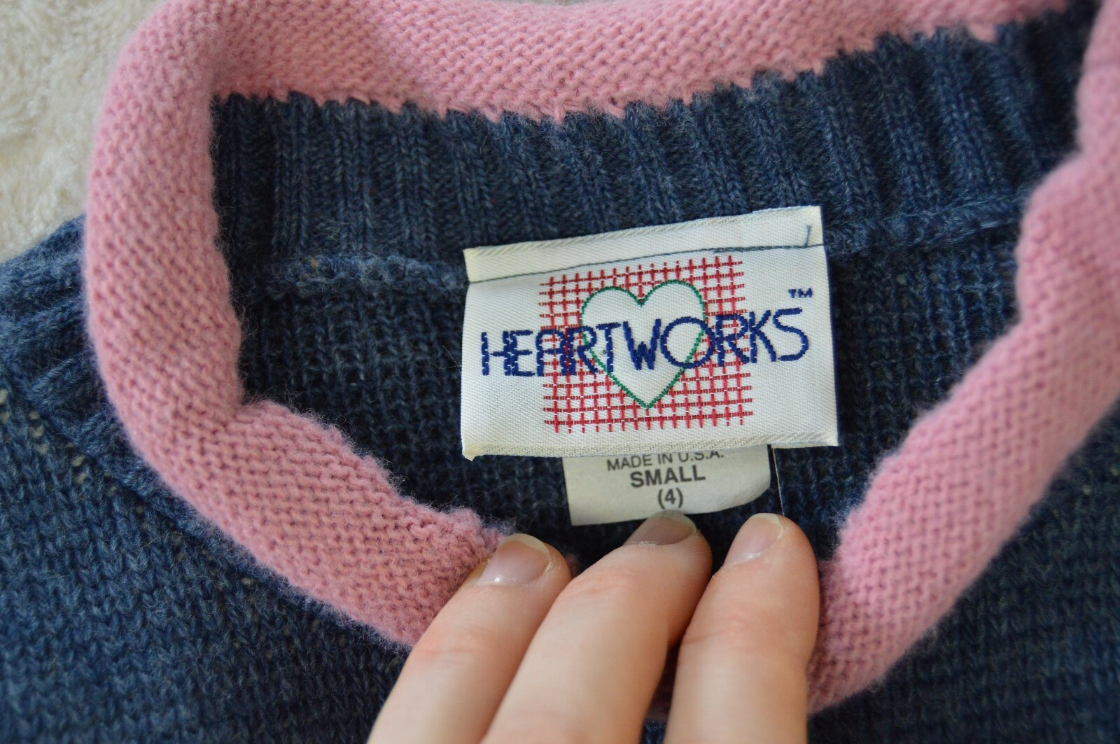 Vintage Heartworks Kitty Cat Sweater Girl's Size 4 Blue Pink 90's Heart USA Made