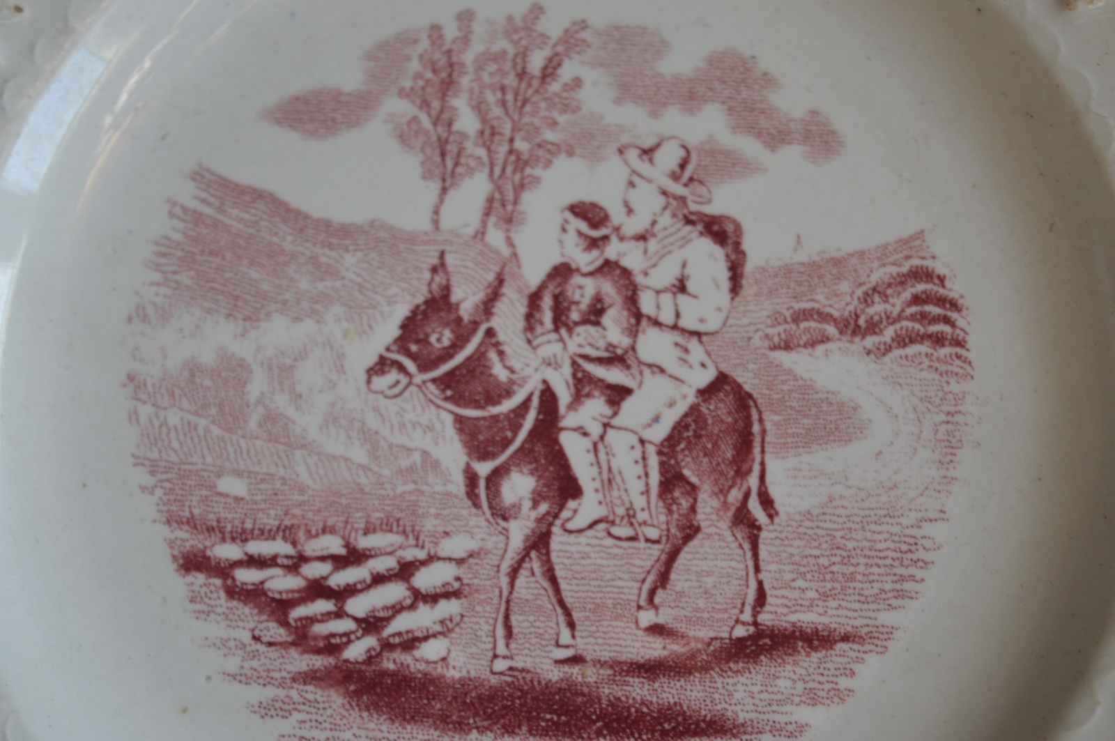 ANTIQUE CHILD'S ABC ALPHABET PLATE 19th Century transfer Father & Son on donkey