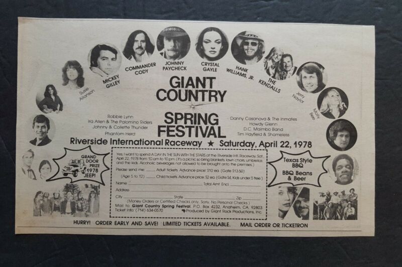 Giant Country Spring Festival Promo Print Ad Vintage 1978 Hank Williams Jr.