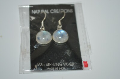 Natural Creations 925 Sterling Silver Moonstone Round Bezel set dangle Earrings