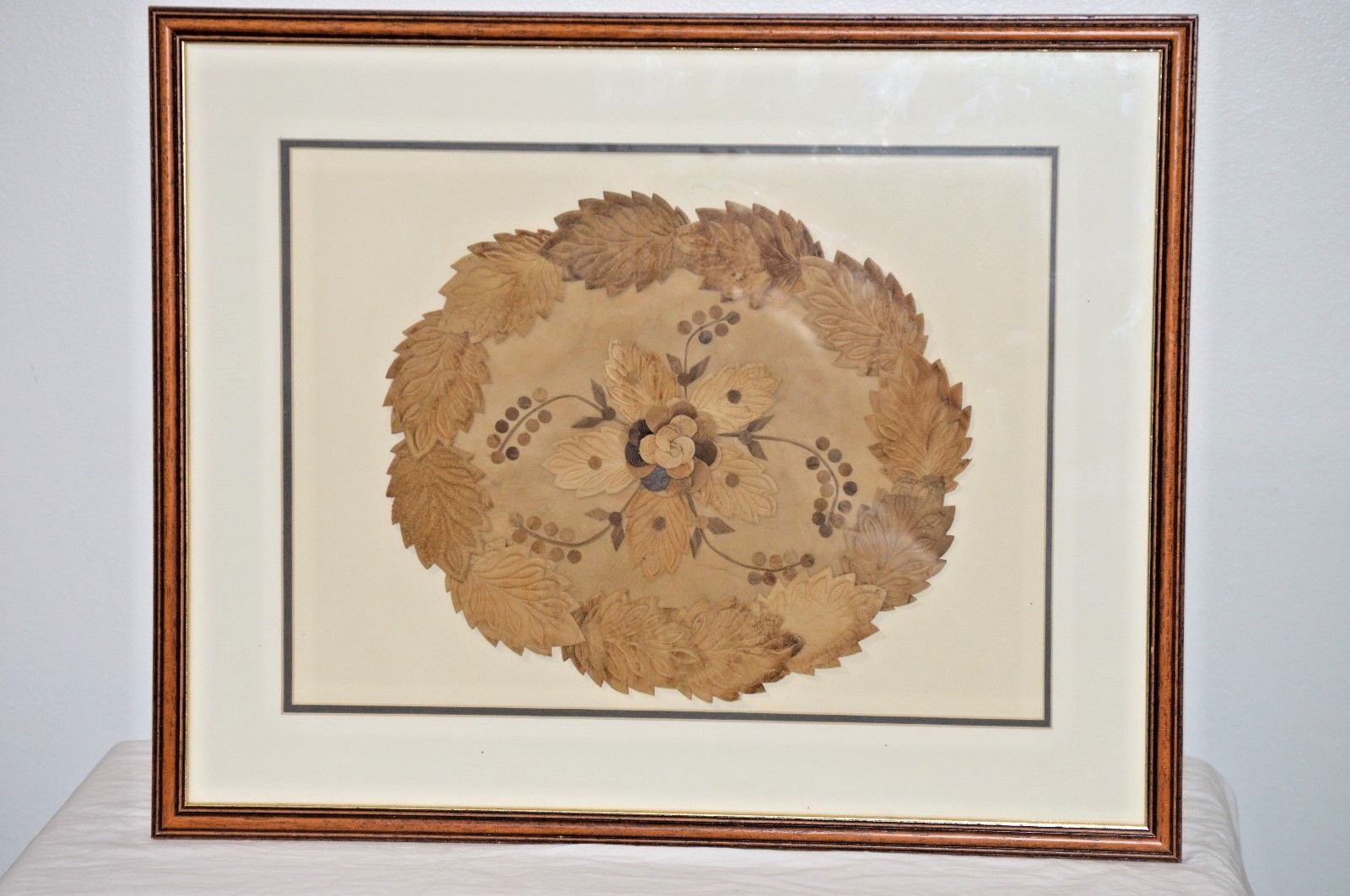 Framed Lotus Flower handmade of Mushroom Leather Indonesia Beautiful Primitive