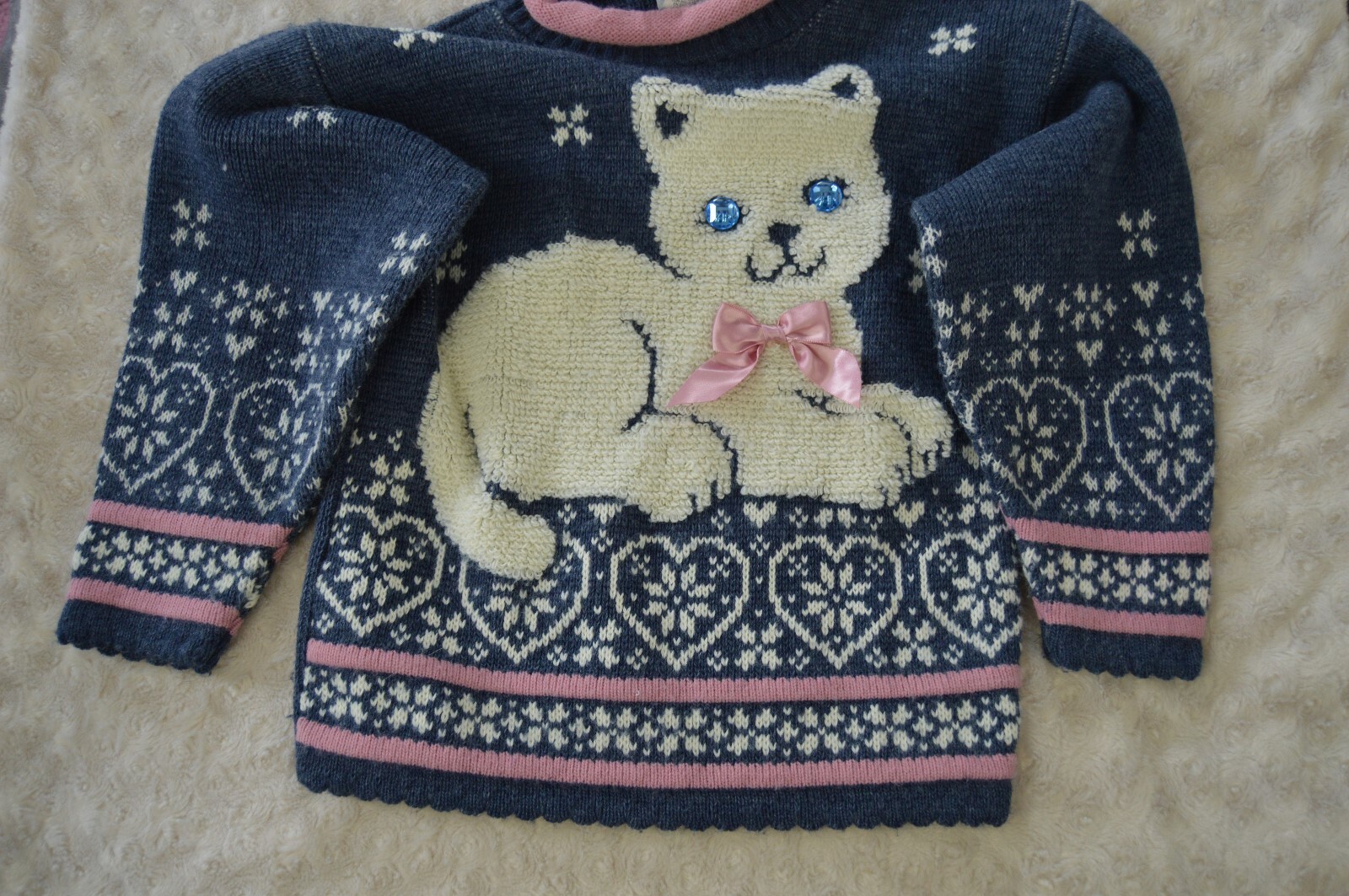 Vintage Heartworks Kitty Cat Sweater Girl's Size 4 Blue Pink 90's Heart USA Made