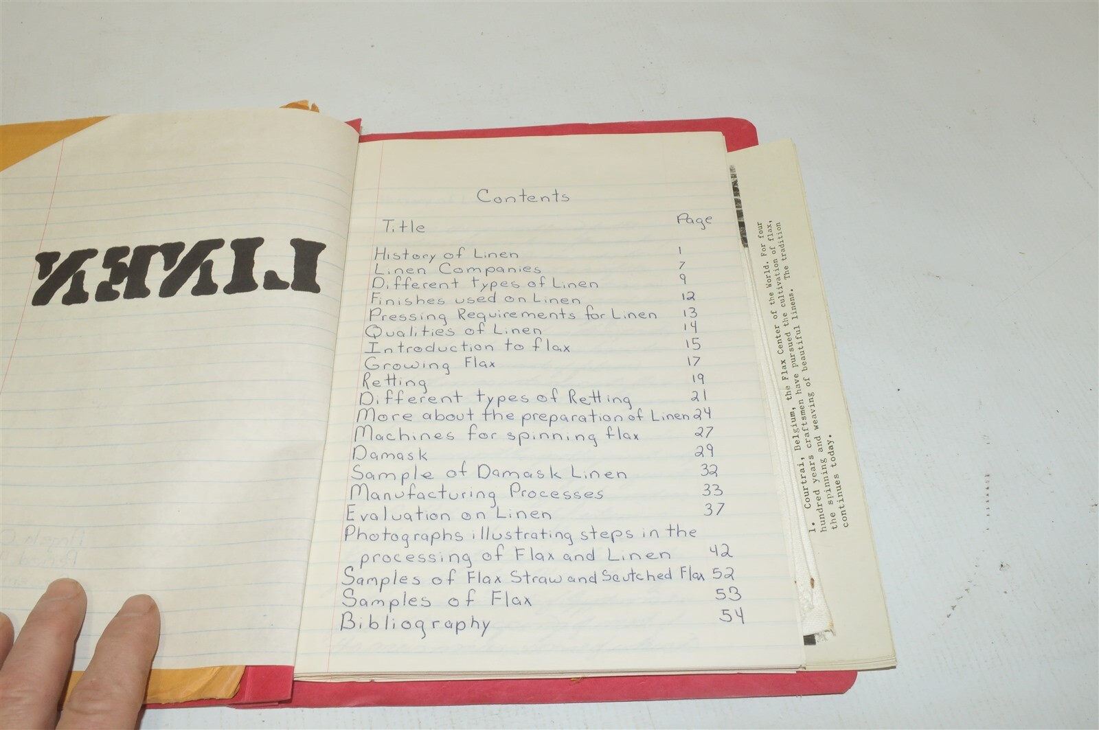 vintage Linen school report with many linen samples and real old photographs