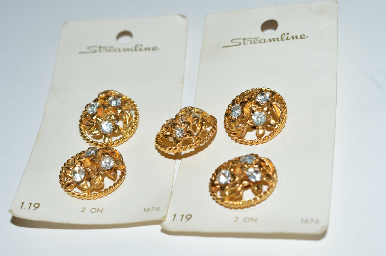 Lot of 5 Vintage Shank One Inch Buttons Floral Design Gold Tone with Rhinestones