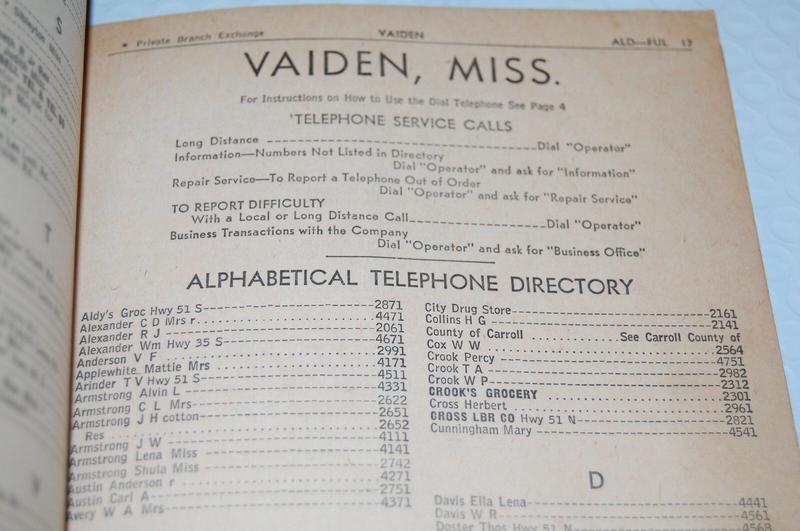 Antique 1960 Southern Bell Telephone Book - Winona Kilmichael Vaiden Mississippi