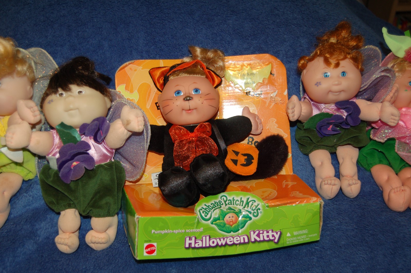 5 BEAUTIFUL CABBAGE PATCH FAIRY BABY DOLLS,1 IS HALLOWEEN KITTY IN BOX