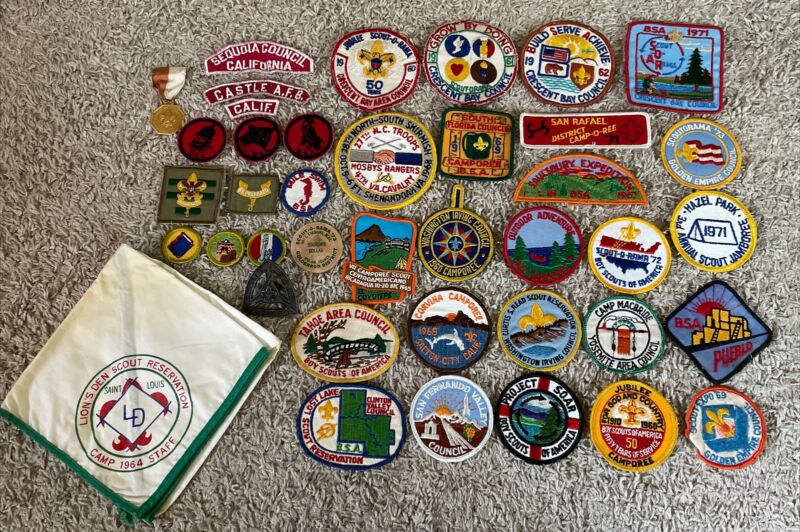 (39) 1960s-70s Boy Scout Items; RWS, Rank, Camporee, Council, Neckerchief, Medal