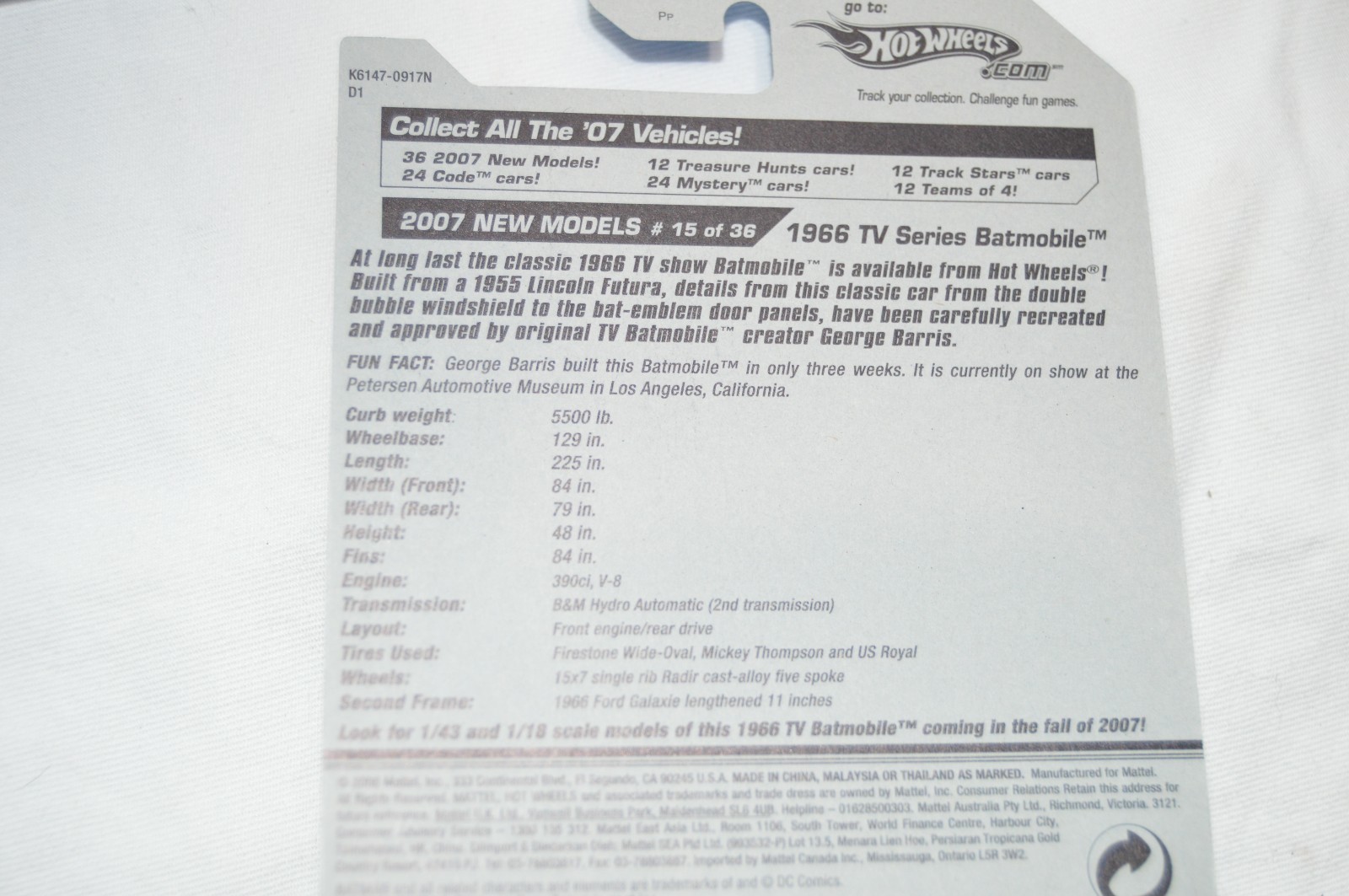 2007 Hot Wheels New Models 1966 TV Series Batmobile BATMAN 1:64 X 2