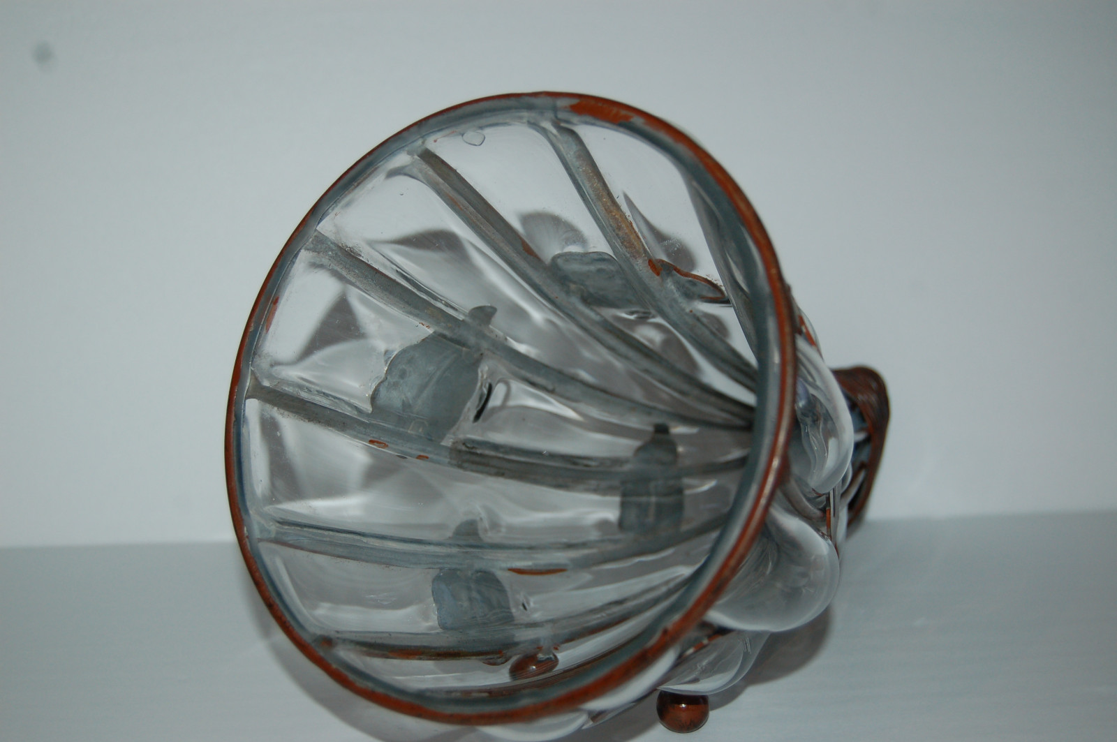 Horn of plenty or conaucopia, Glass with metal frame and leaves, 3 metal feet, c