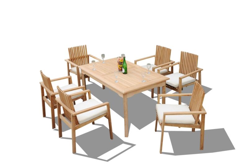 7pc Grade-a Teak Dining Set 60" Rectangle Table 6 Clipper Stacking Arm Chairs