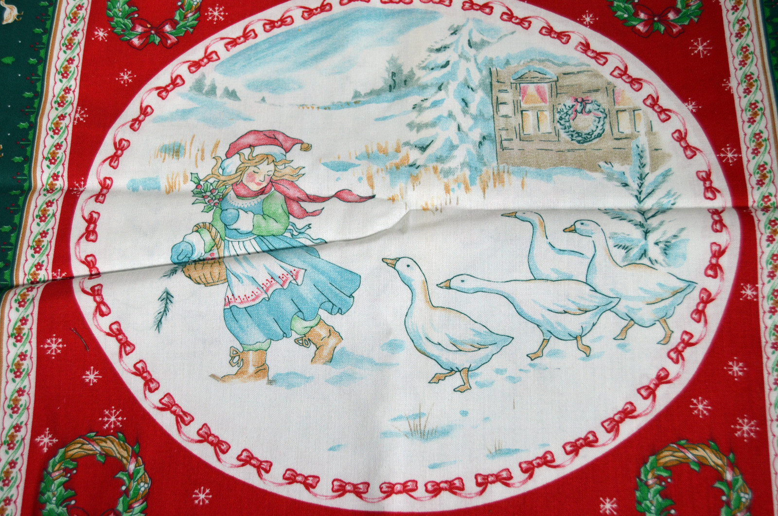 Vintage Set 8 Hallmark Fabric Christmas Pillows Prints Panel Girl w/ Geese