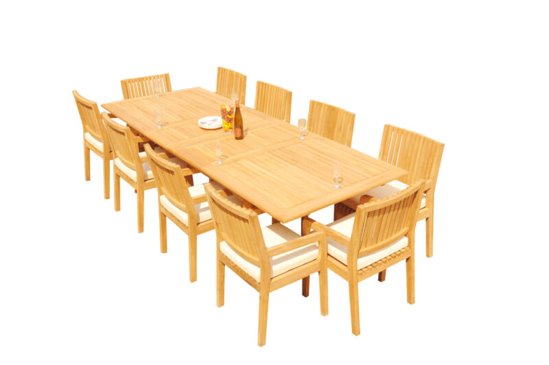 11-pc Outdoor Teak Dining Set: 117" Rectangle Extn Table, 10 Arm Chairs Maldives