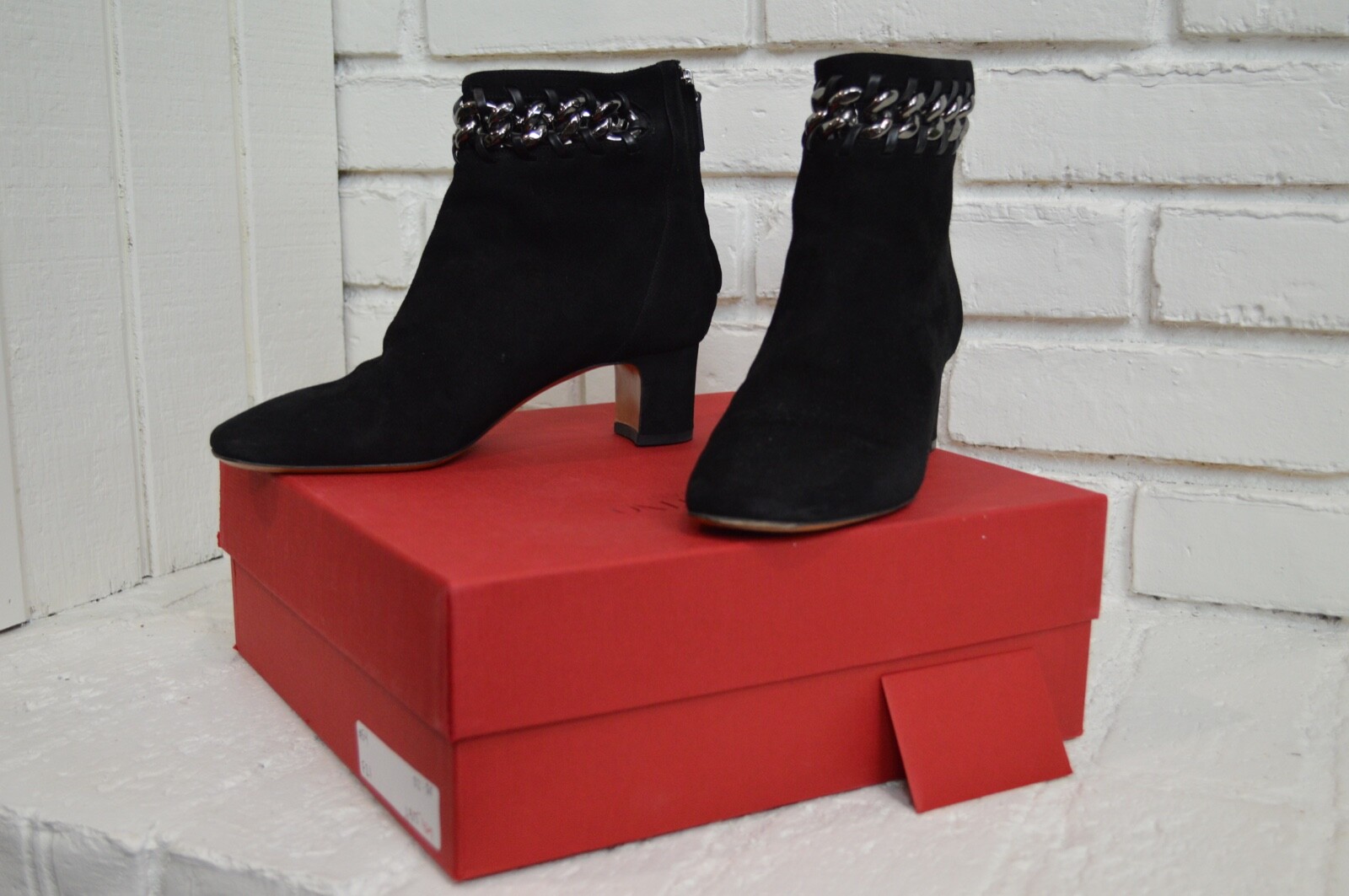 VALENTINO Chain Trim Black Suede Leather Low Heel Boots