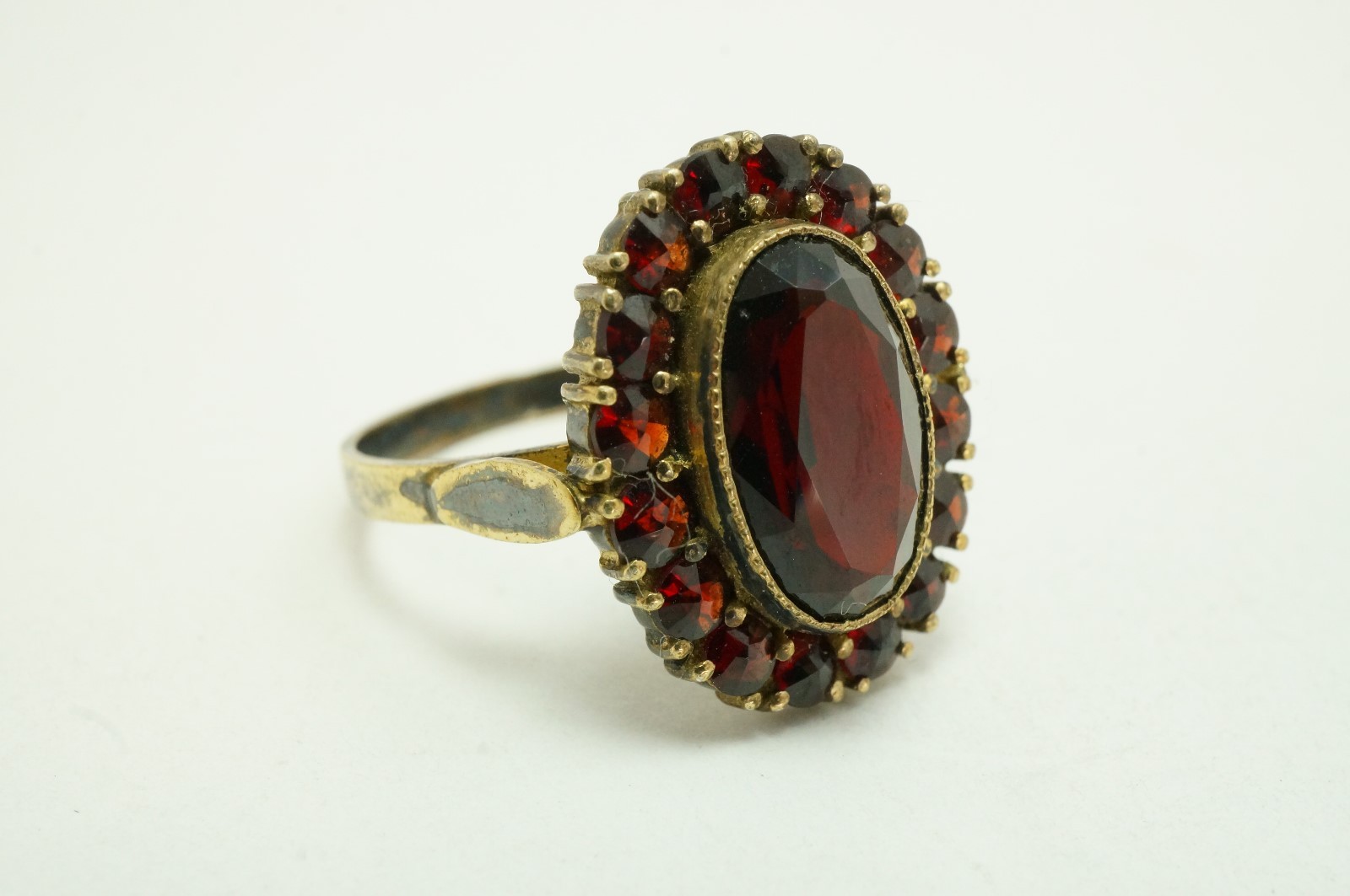 Antique Gilded Silver 900 Czech Rose Cut Bohemian Garnet Cluster Ring Size 8.5