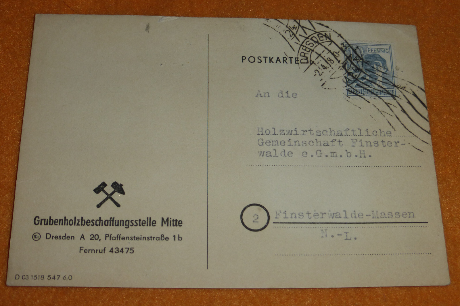 Bergbau Grubenholzbeschaffungsstelle Dresden SBZ PK Finsterwalde Massen 1948
