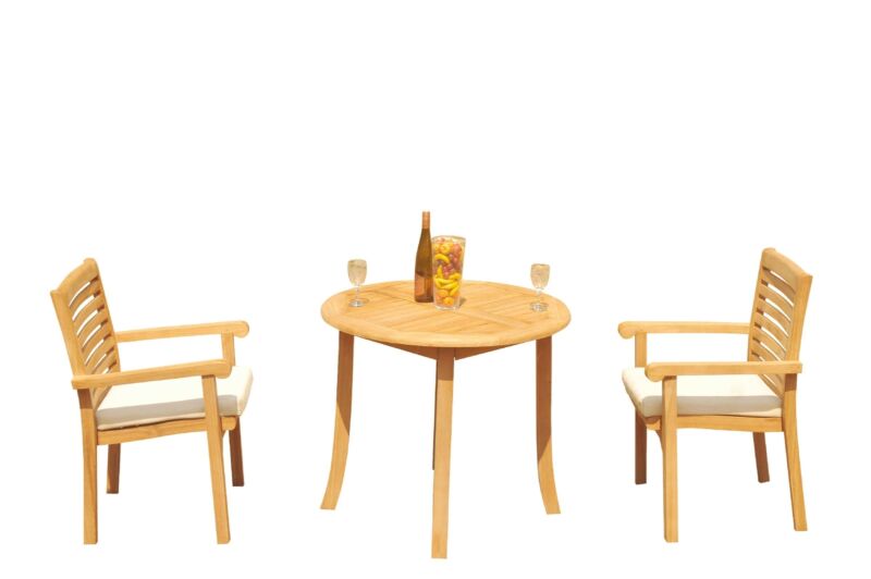 Dshr A-grade Teak 3pc Dining Set 36" Round Table 2 Stacking Arm Chairs Outdoor