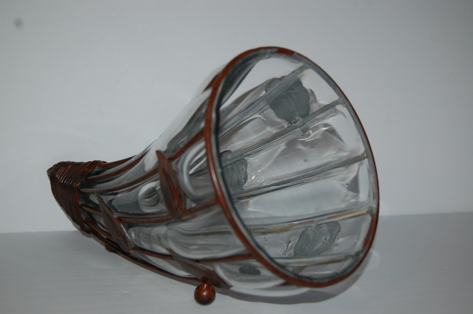 Horn of plenty or conaucopia, Glass with metal frame and leaves, 3 metal feet, c