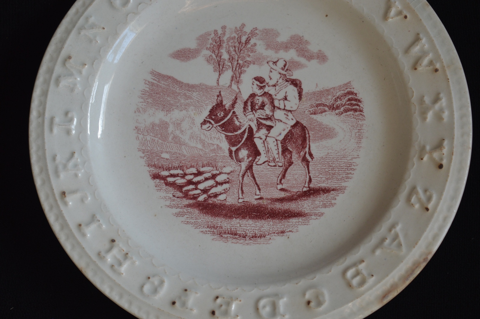 ANTIQUE CHILD'S ABC ALPHABET PLATE 19th Century transfer Father & Son on donkey