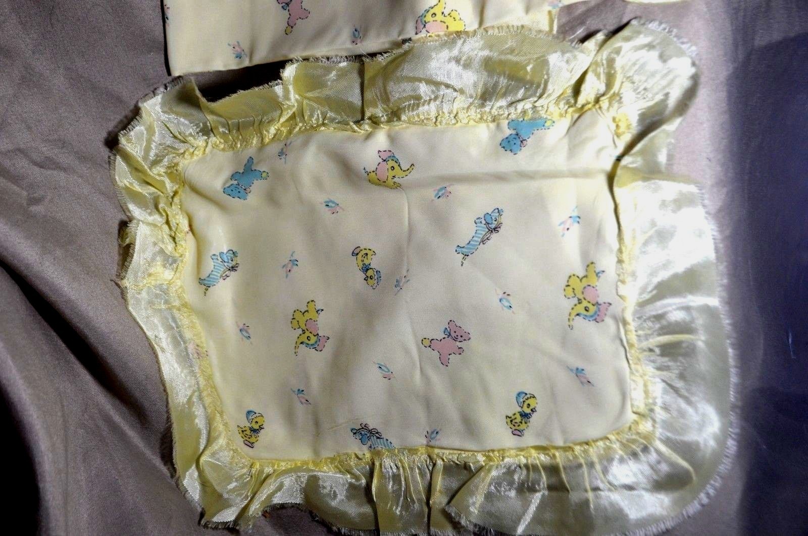 Vintage Yellow Ruffled Satin Coverlet With Pillowcase Elephants Dogs Ducks Teddy