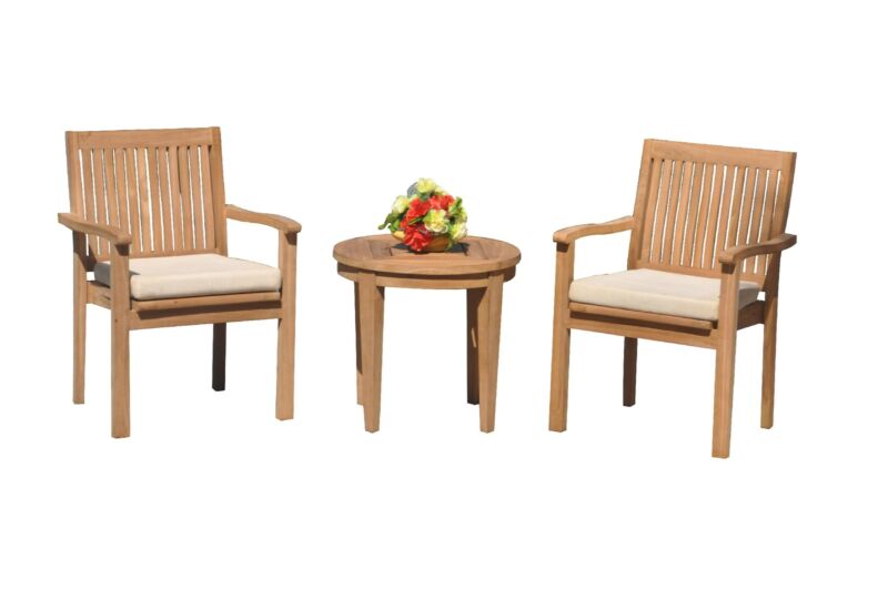 Dslv A-grade Teak 3pc Dining Set Noida Round Side Table 2 Stacking Arm Chairs