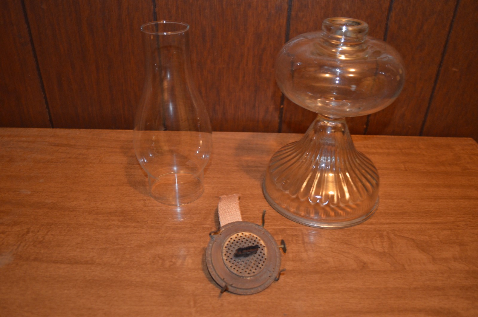 Vintage Clear Glass Oil Lamp With Chimney & Burner 17 3/4 Inches Tall Overall