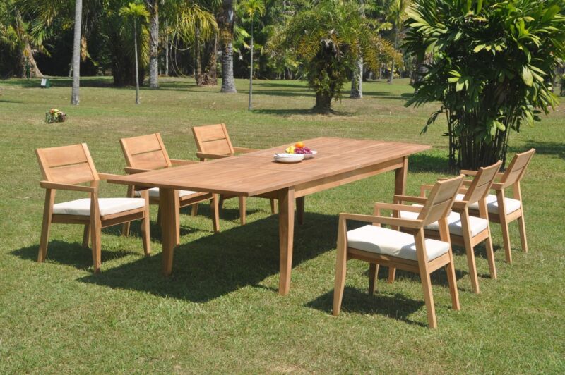 7pc Grade-a Teak Dining Set 122 Atnas Rectangle Table Vellore Stacking Arm Chair