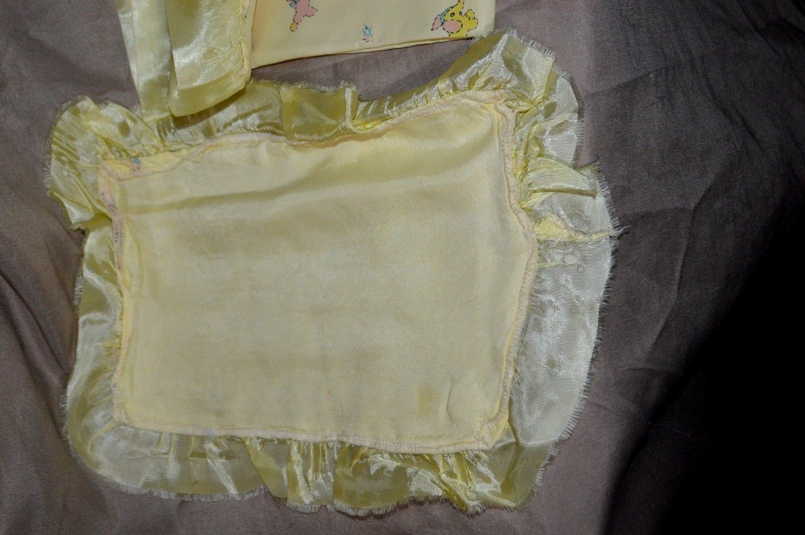 Vintage Yellow Ruffled Satin Coverlet With Pillowcase Elephants Dogs Ducks Teddy
