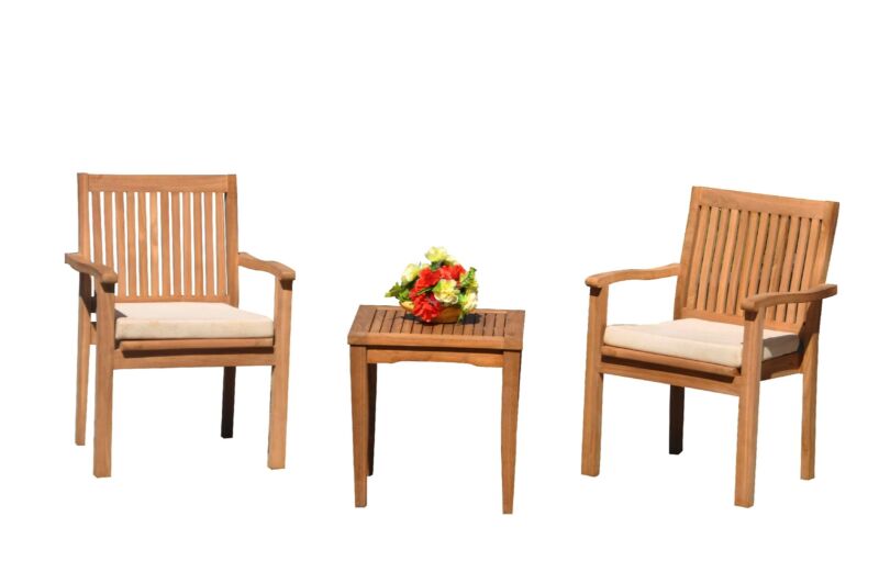 3pc Grade-a Teak Dining Set Sack Side Table 2 Leveb Stacking Arm Chairs Outdoor