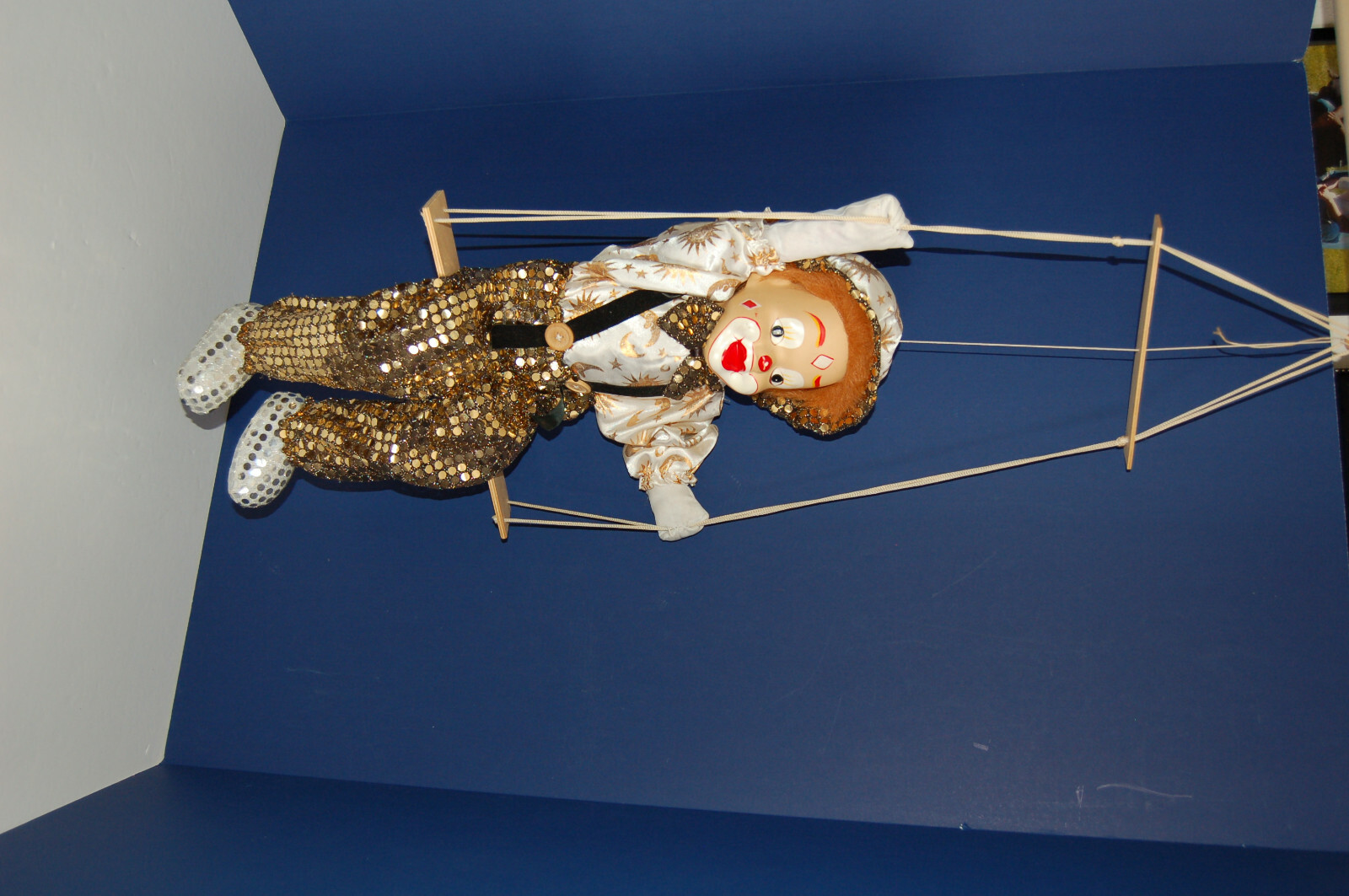 Vintage Clown on a swing circus marionette puppet with porcelain head