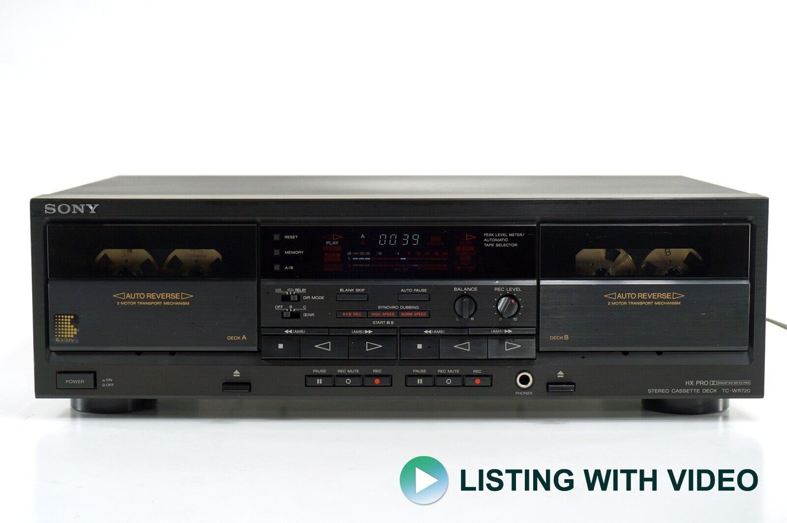 Sony TC-WR720 dual cassette deck. HX PRO. Both sides records. Relay recording.
