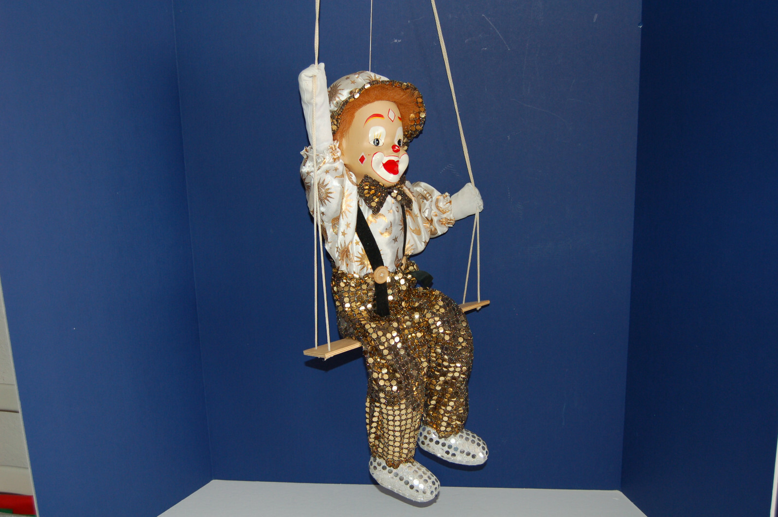 Vintage Clown on a swing circus marionette puppet with porcelain head