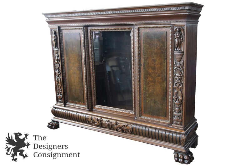 Massive Antique Renaissance Revival Walnut Carved Knockdown Bookcase Armoire