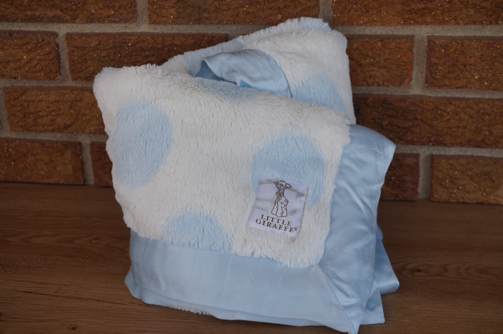 Little Giraffe Blue White Large Circle Dot Satin Trim Soft Furry