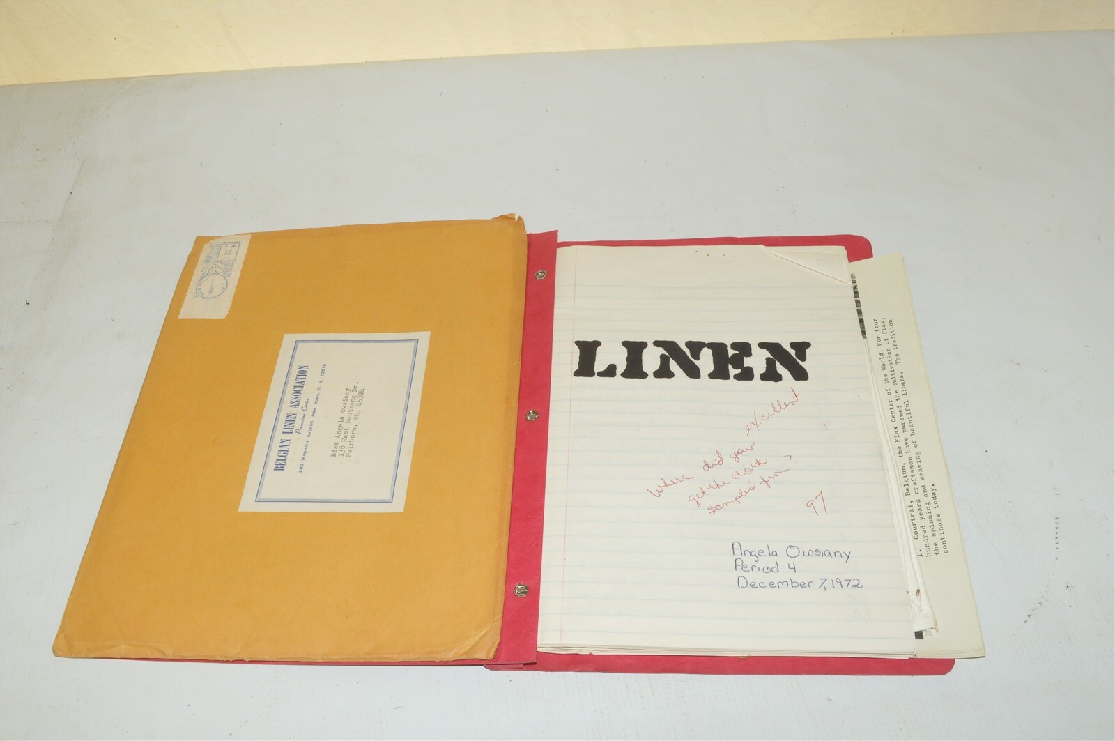 vintage Linen school report with many linen samples and real old photographs