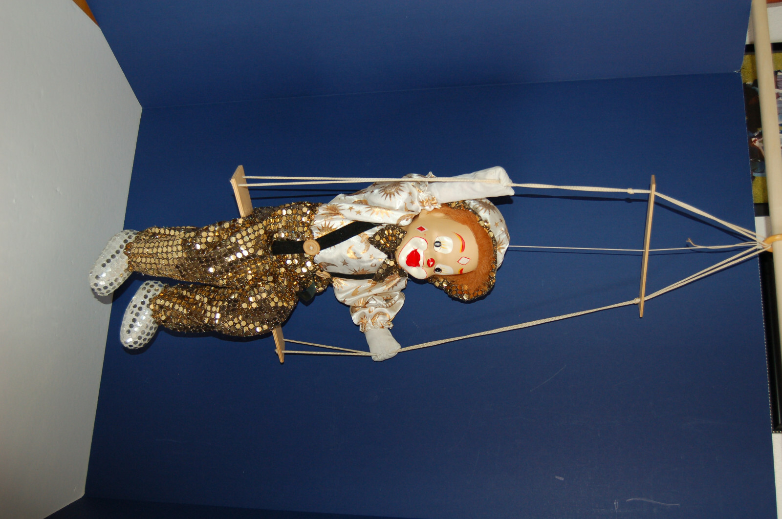 Vintage Clown on a swing circus marionette puppet with porcelain head