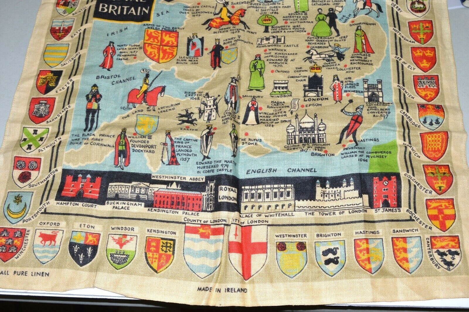 Map of Royal Britain Linen VTG 21x30 Tea Towel Kitchen Wall Hanging Made Ireland